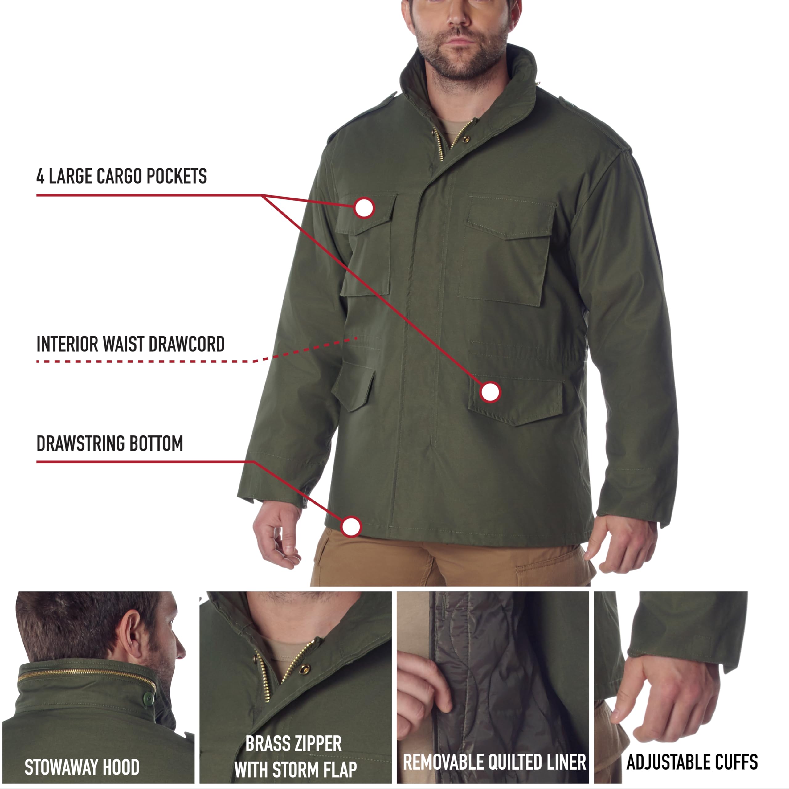 Rothco Field Jacket - All-Season Outdoor Weather Protection and Classic Style Coat, Olive Drab, L - Image 4
